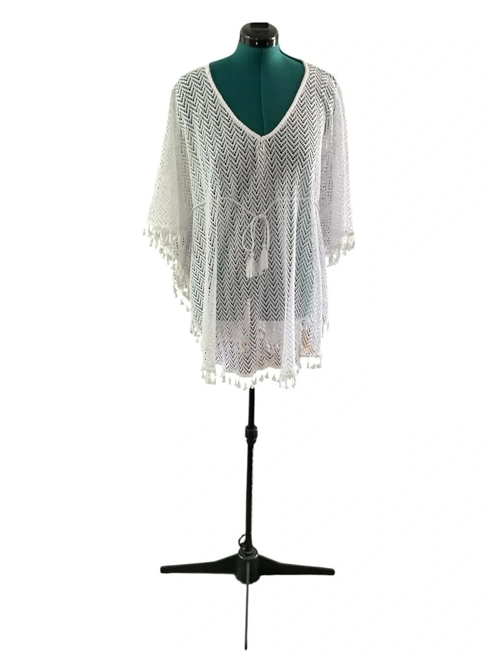 Lightweight White Crochet V-Neck Swim Coverup with Tassel Waist